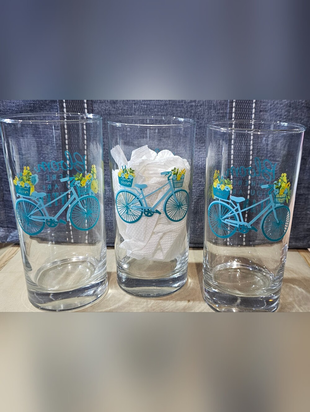 3 Crisa Libbey High Ball Ice Tea Drinking Glasses Bicycles & Blooms 16oz. EUC